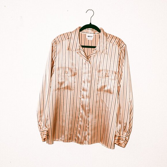 Champagne & Black Striped Satin-Esque Blouse with Chest Pockets - Picture 1 of 6